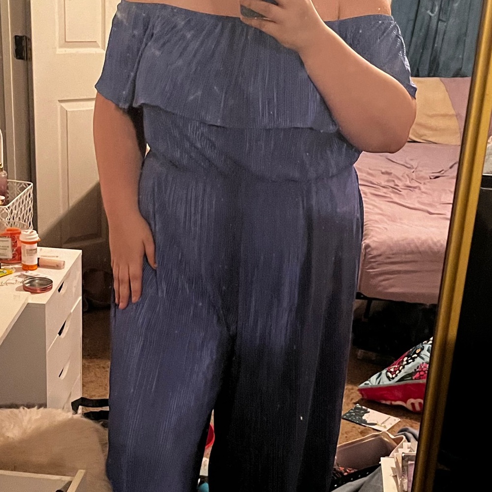 Lane Bryant off the shoulder pleated jumpsuit metallic blue